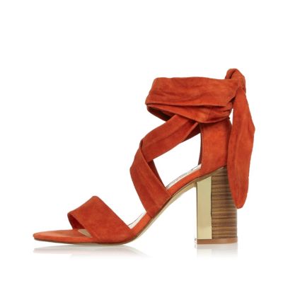 Dark orange tie-up block heel sandals